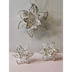 VINTAGE SPUN STERLING SILVER FLOWER PENDANT EARRINGS SET